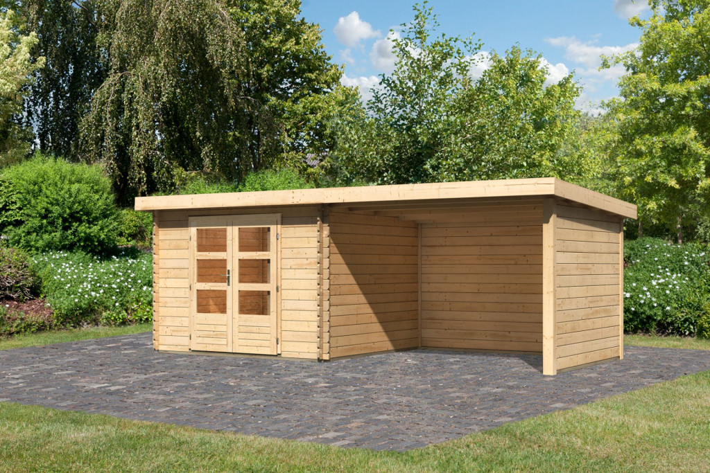 Karibu Bastrup 5. Kerti ház 3 m széles, oldal- és  hátfallal rendelkező bővítménnyel/terasszal, natúr fából 579 cm x 297 cm (RP)