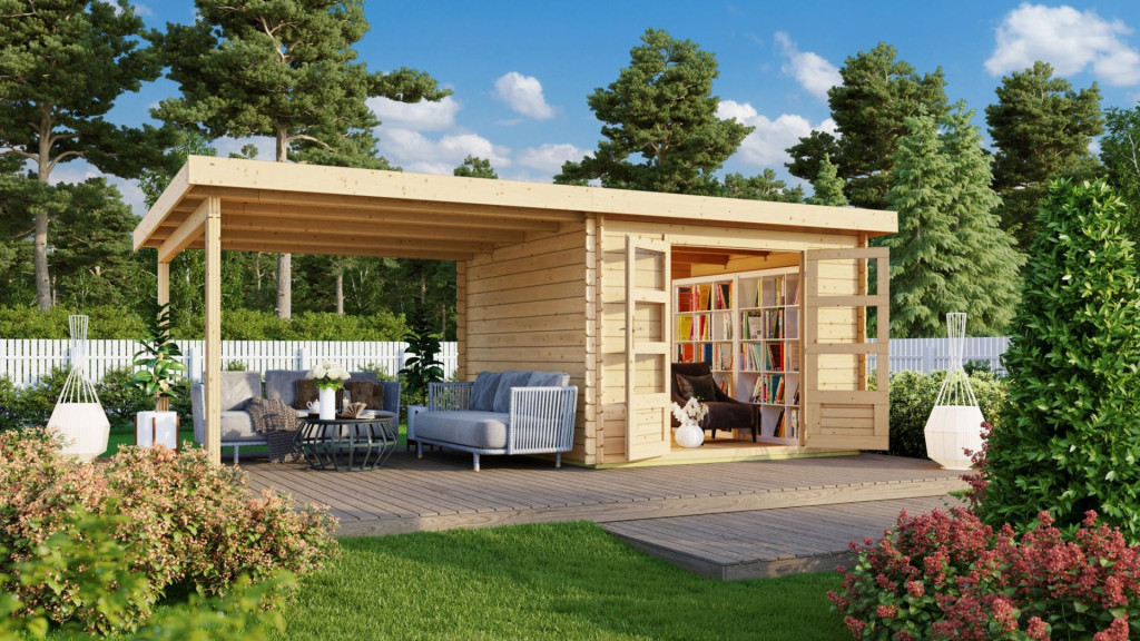 Karibu Bastrup 5. Kerti ház 3 m széles bővítménnyel/terasszal, natúr fából 579 cm x 297 cm (RP)