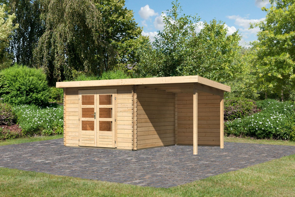 Karibu Bastrup 5. Kerti ház 2 m széles hátfallal rendelkező bővítménnyel/terasszal, natúr fából 479 cm x 297 cm (RP)
