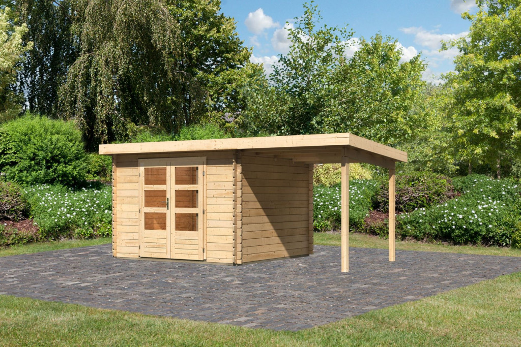Karibu Bastrup 5. Kerti ház 2 m széles bővítménnyel/terasszal, natúr fából 479 cm x 297 cm (RP)