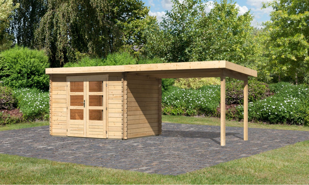 Karibu Bastrup 3. Kerti ház, 3 m széles bővítménnyel/terasszal, natúr fából 579 cm x 237 cm (RP)