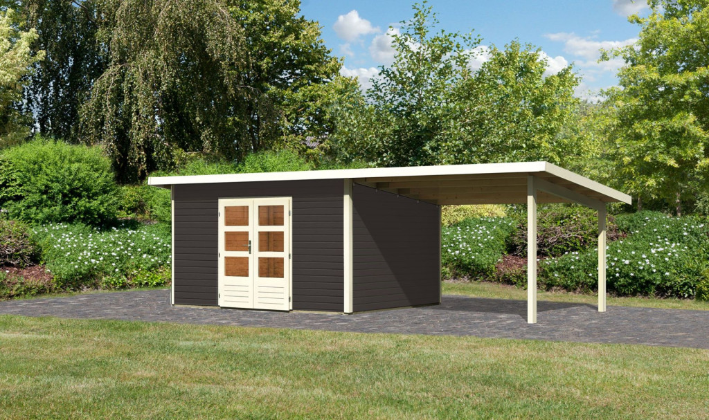 Karibu Northeim 4. Kerti ház, bővítménnyel/terasszal, terra szürke színű fából 664 cm x 309 cm (RP)