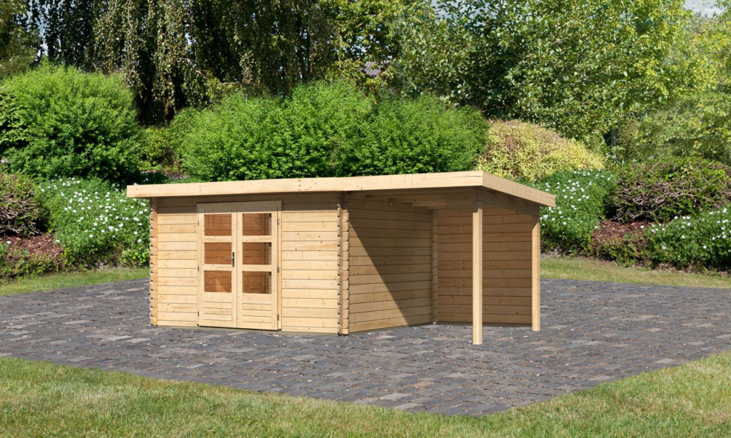 Karibu Bastrup 7. Kerti ház 2 m széles, hátfallal rendelkező bővítménnyel/terasszal, natúr fából 539 cm x 297 cm (RP)