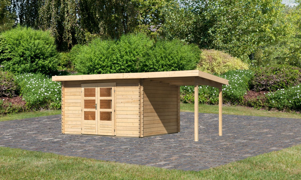 Karibu Bastrup 7. Kerti ház 2 m széles bővítménnyel/terasszal, natúr fából 539 cm x 297 cm (RP)