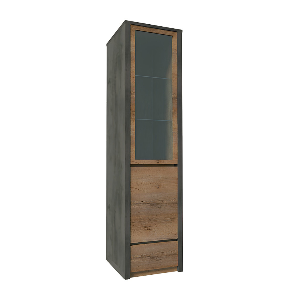 Vitrines szekrény, tölgy lefkas sötét/smooth szürke, MONTANA W1D (RP)