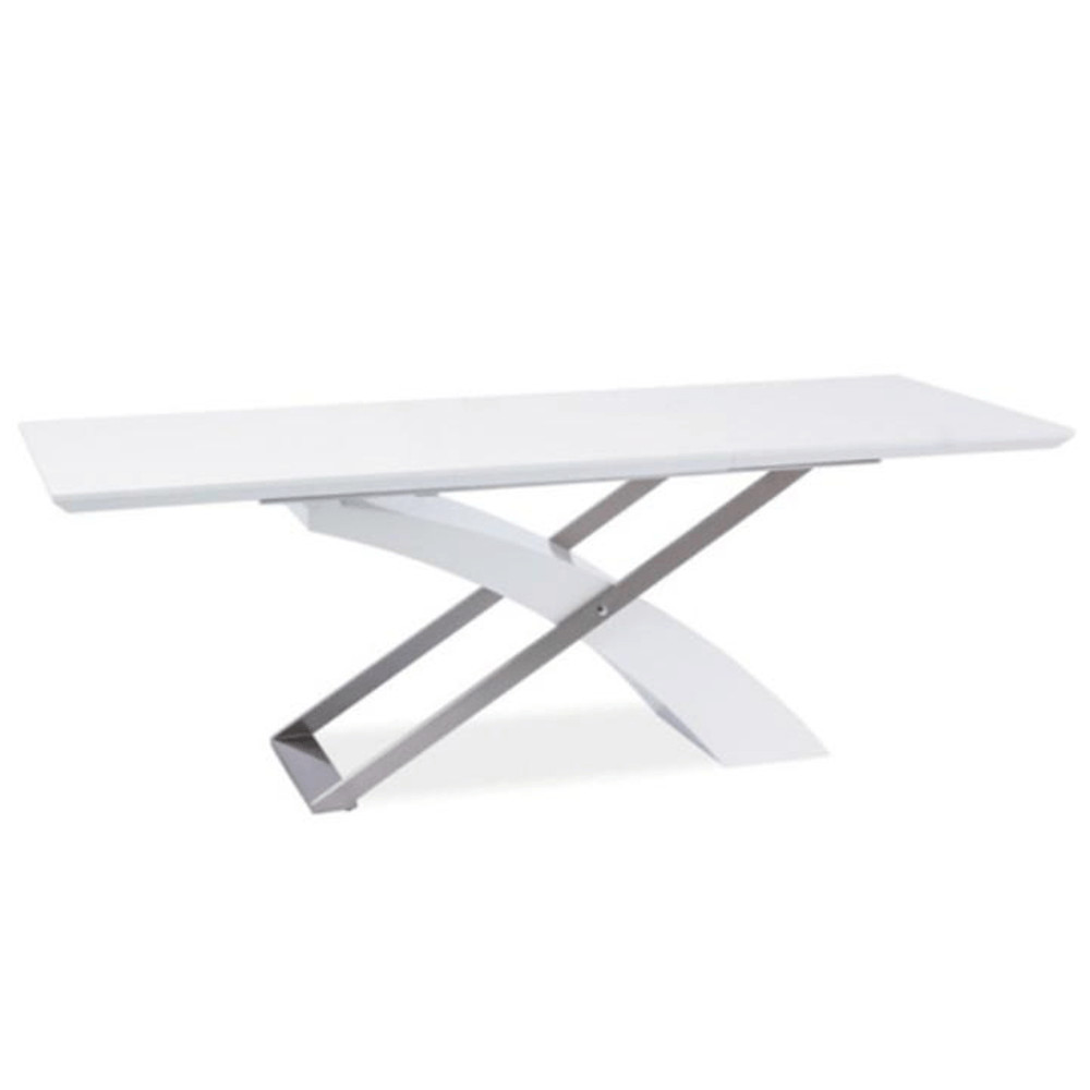 Meghosszabbítható étkezőasztal, fehér extra magasfényű HG/fém, 160-220x90 cm, KROS (RP)