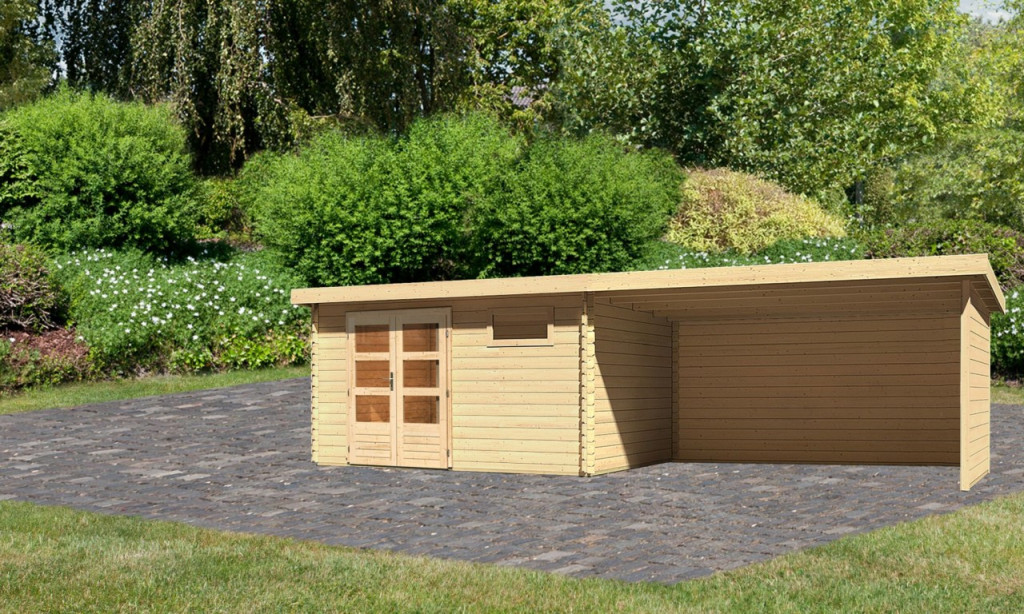 Karibu Bastrup 8. Kerti ház 4 m széles, oldal- és hátfallal rendelkező bővítménnyel/terasszal, natúr fából 769 cm x 297 cm (RP)