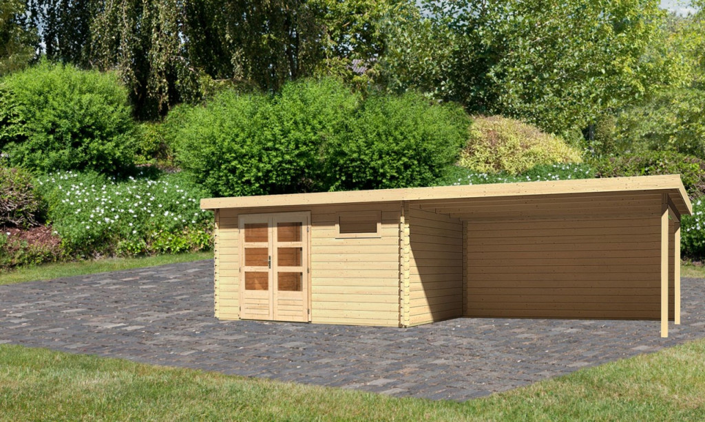 Karibu Bastrup 8. Kerti ház 4 m széles, hátfallal rendelkező bővítménnyel/terasszal, natúr fából 769 cm x 297 cm (RP)