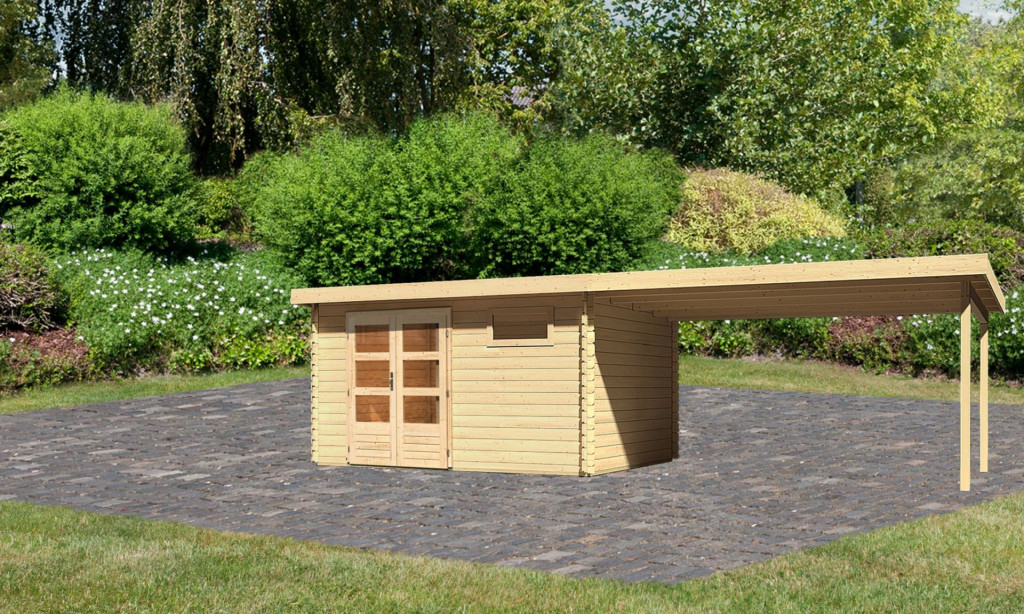 Karibu Bastrup 8. Kerti ház 4 m széles bővítménnyel/terasszal, natúr fából 769 cm x 297 cm (RP)