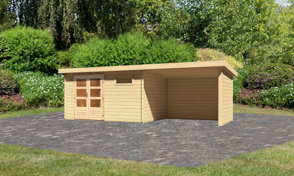 Karibu Bastrup 8. Kerti ház 3 m széles, oldal- és hátfallal rendelkező bővítménnyel/terasszal, natúr fából 669 cm x 297 cm (RP)