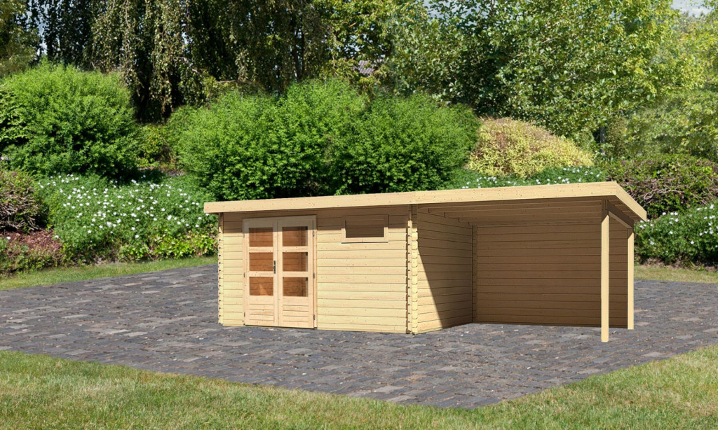 Karibu Bastrup 8. Kerti ház 3 m széles, hátfallal rendelkező bővítménnyel/terasszal, natúr fából 669 cm x 297 cm (RP)