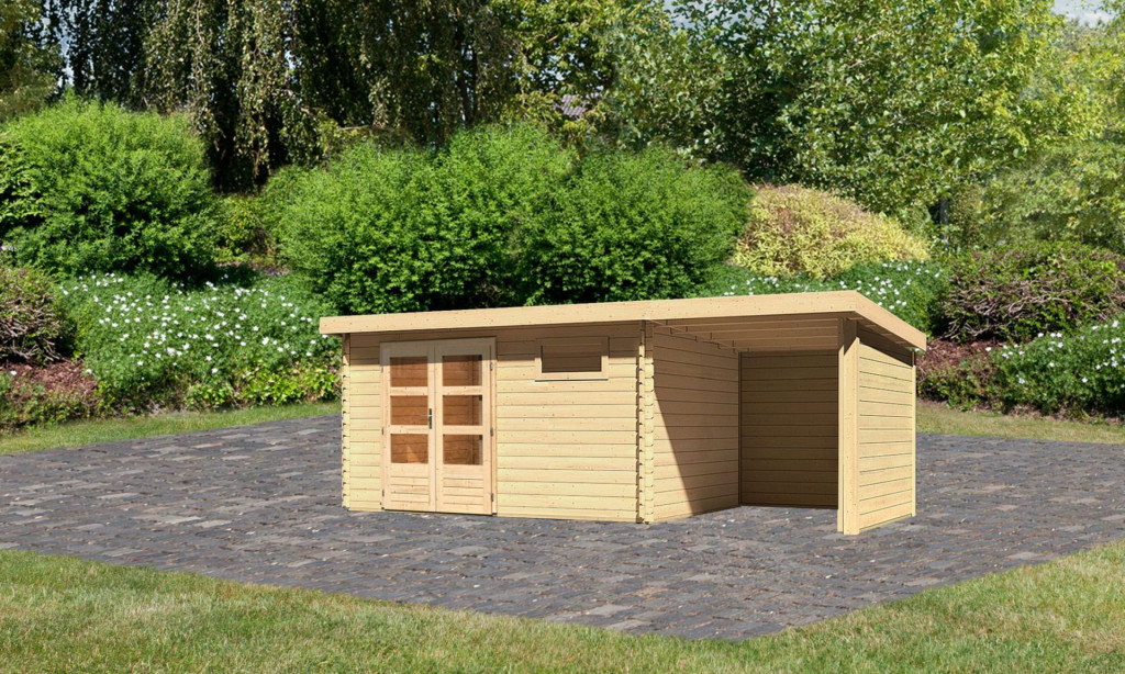 Karibu Bastrup 8. Kerti ház 2 m széles, oldal- és hátfallal rendelkező bővítménnyel/terasszal, natúr fából 569 cm x 297 cm (RP)