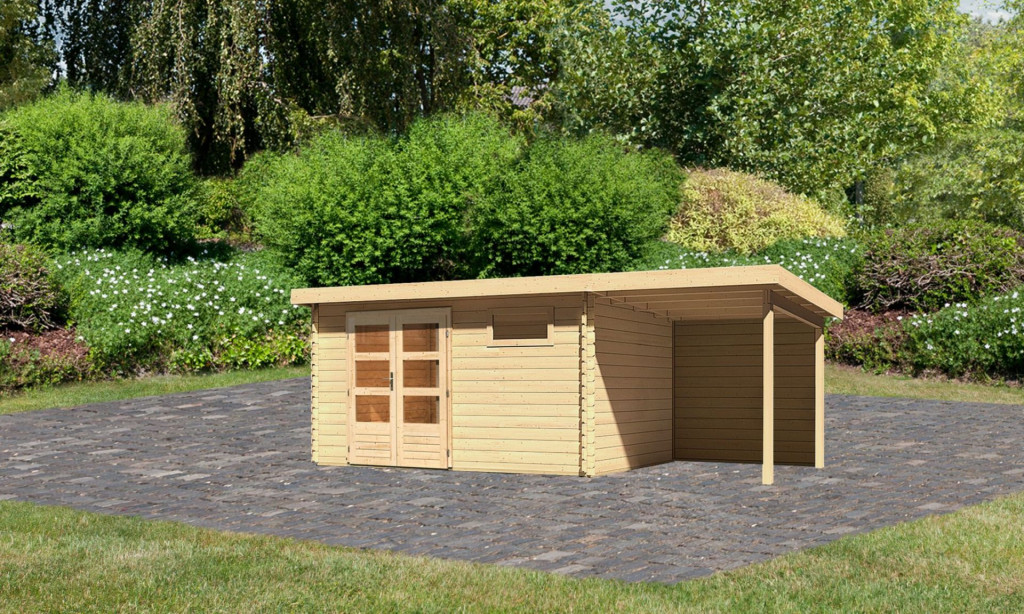 Karibu Bastrup 8. Kerti ház 2 m széles, hátfallal rendelkező bővítménnyel/terasszal, natúr fából 569 cm x 297 cm (RP)