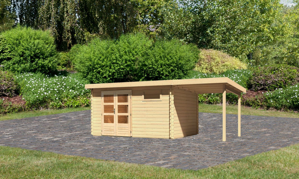 Karibu Bastrup 8. Kerti ház 2 m széles bővítménnyel/terasszal,  natúr fából 569 cm x 297 cm (RP)