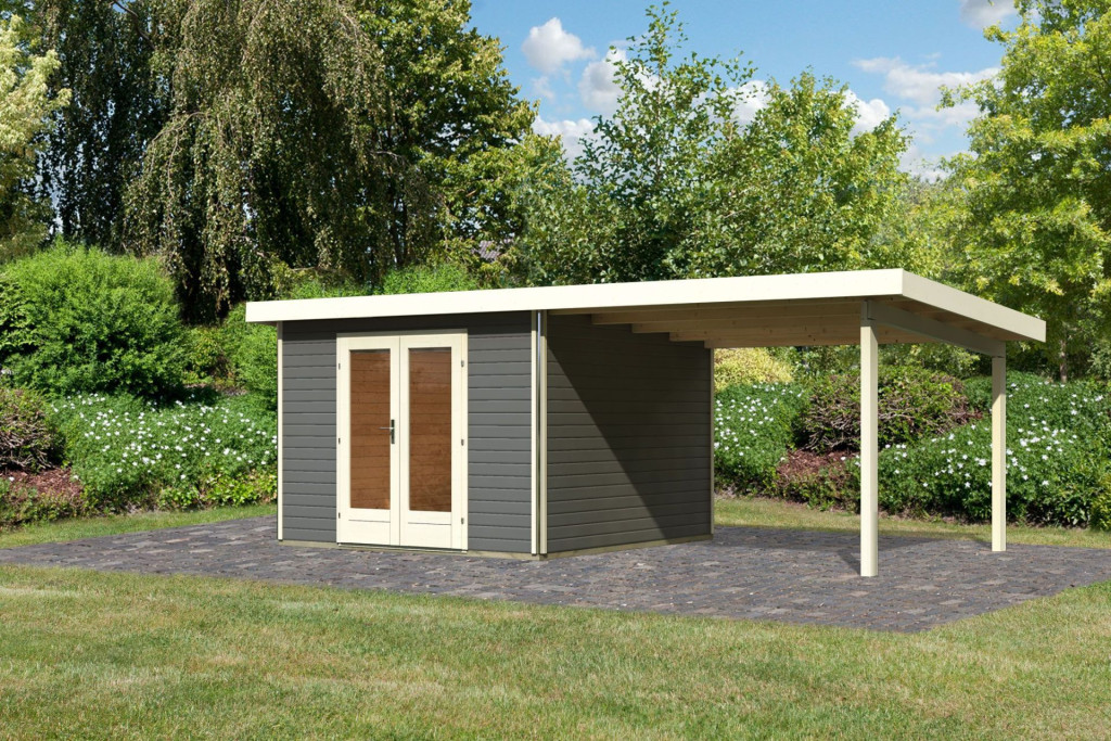 Karibu Radeburg 1. Kerti ház/medenceház 3,3m széles bővítménnyel/terasszal, terra szürke színű fából 604 cm x 309 cm (RP)