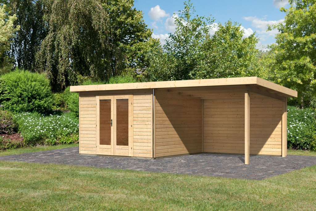 Karibu Radeburg 1. Kerti ház/medenceház 3,3m széles, hátfallal rendelkező bővítménnyel/terasszal, natúr fából 604 cm x 309 cm (RP)