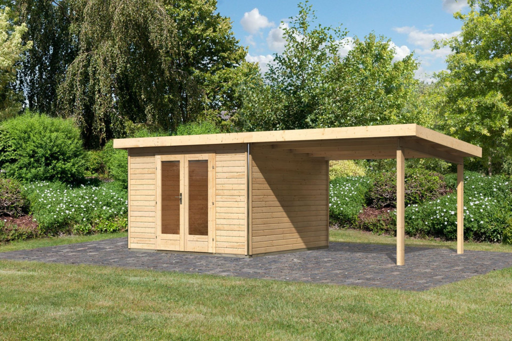 Karibu Radeburg 1. Kerti ház/ medenceház 3,3m széles bővítménnyel/terasszal, natúr fából 604 cm x 309 cm (RP)
