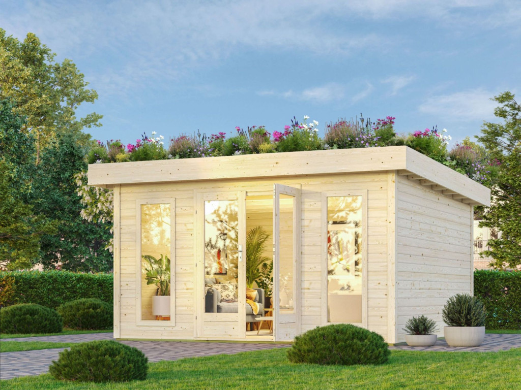 Karibu Lotus Nagyméretű kerti ház/medenceház zöldtetővel, natúr fából 396 cm x 396 cm (RP)
