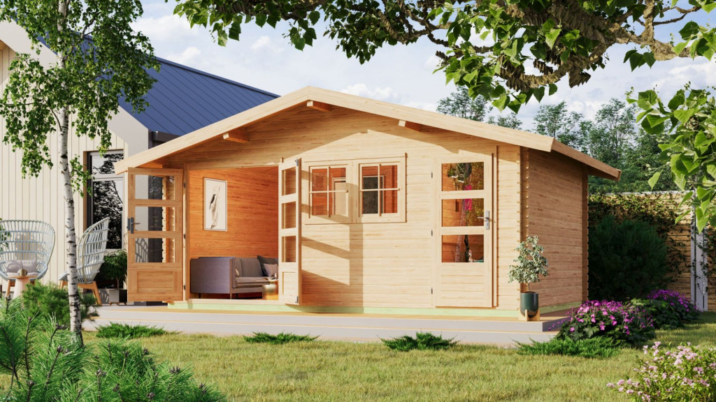 Karibu Lagor 2. Nagyméretű, nyeregtetős kerti ház két helyiséggel, natúr fából 507 cm x 327 cm (RP)