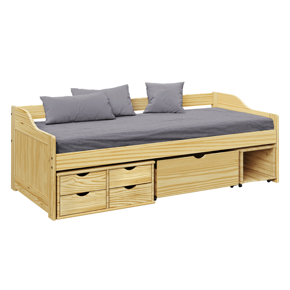 Ágy tárolóhellyel, természetes, tömörfa, 90x200, MAXI NEW (RP)