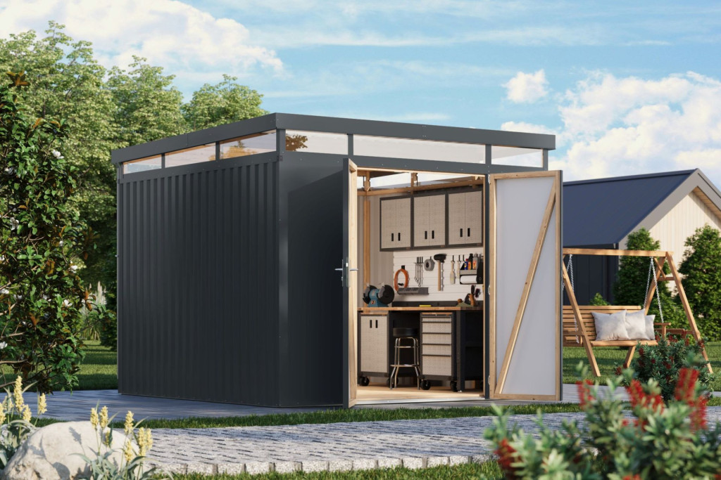 Karibu Aurum 3.5 Antracit színű, lapostetős fém kerti tároló, kerti fészer tetővel, 290 cm x 292 cm (RP)