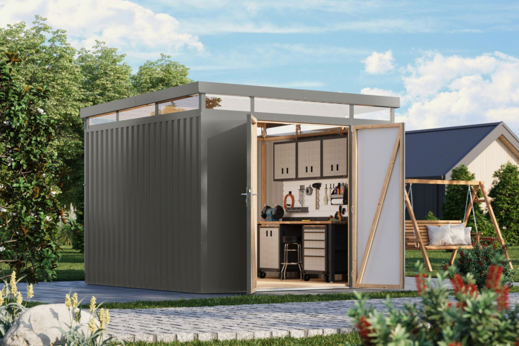 Karibu Aurum 3.5 Szürke alumínium színű, lapostetős fém kerti tároló, kerti fészer tetővel, 290 cm x 292 cm (RP)