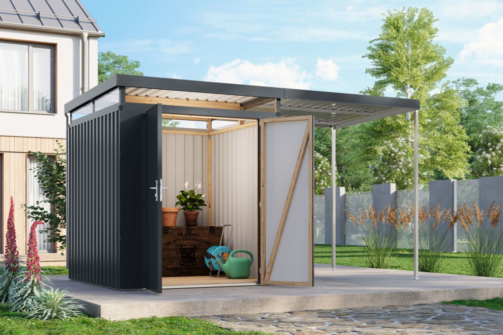 Karibu Aurum 2. Antracit színű, lapostetős fém kerti tároló, kerti fészer 2 méteres bővítménnyel/terasszal, 414 cm x 209 cm (RP)