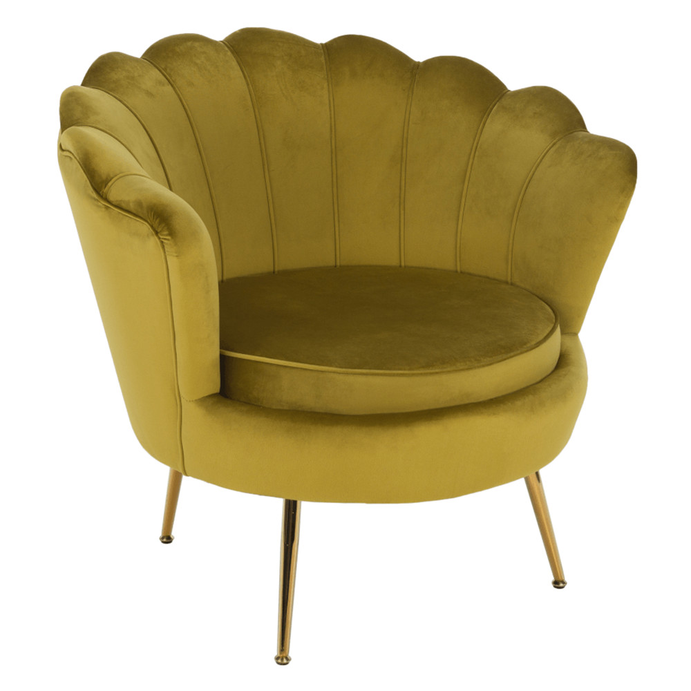 Fotel Art-deco stílusban, mustár színű Velvet anyag/gold chróm-arany, NOBLIN (RP)