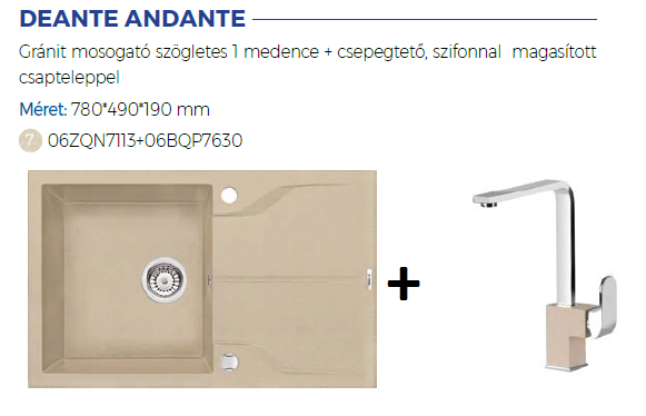 Deante Andante 1 medence + csepegtetős gránitmosogató + Primo magasított csaptelep (CS)