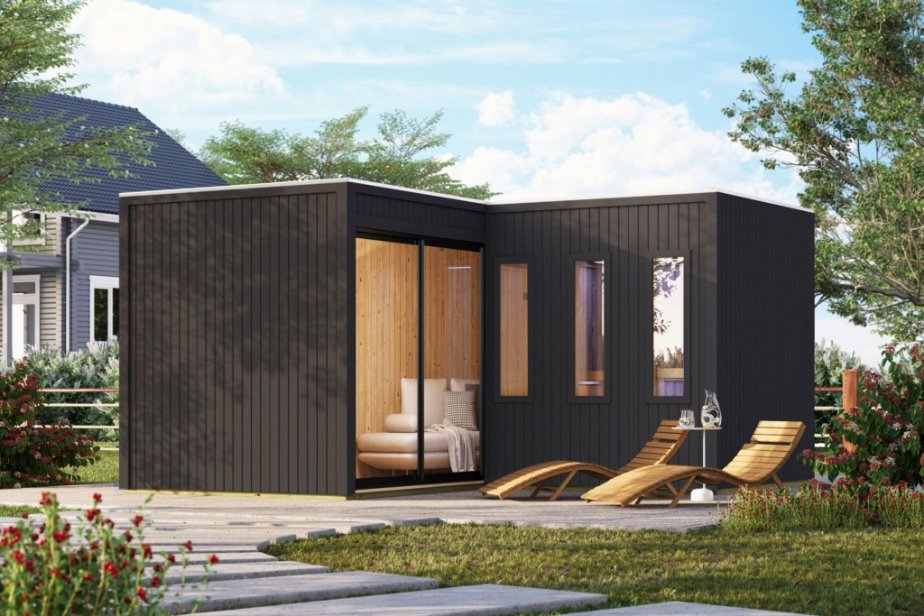 Karibu Paradise nagyméretű kültéri szaunaház 5 fő részére-Fekete színben,  kályha nélkül, előszobával (RP)